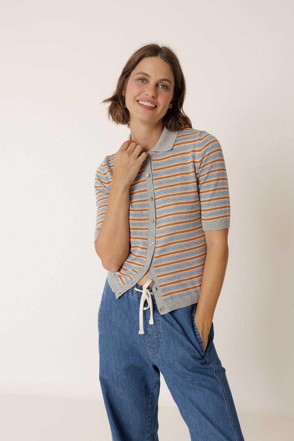 Striped Knit Polo - Marl Grey