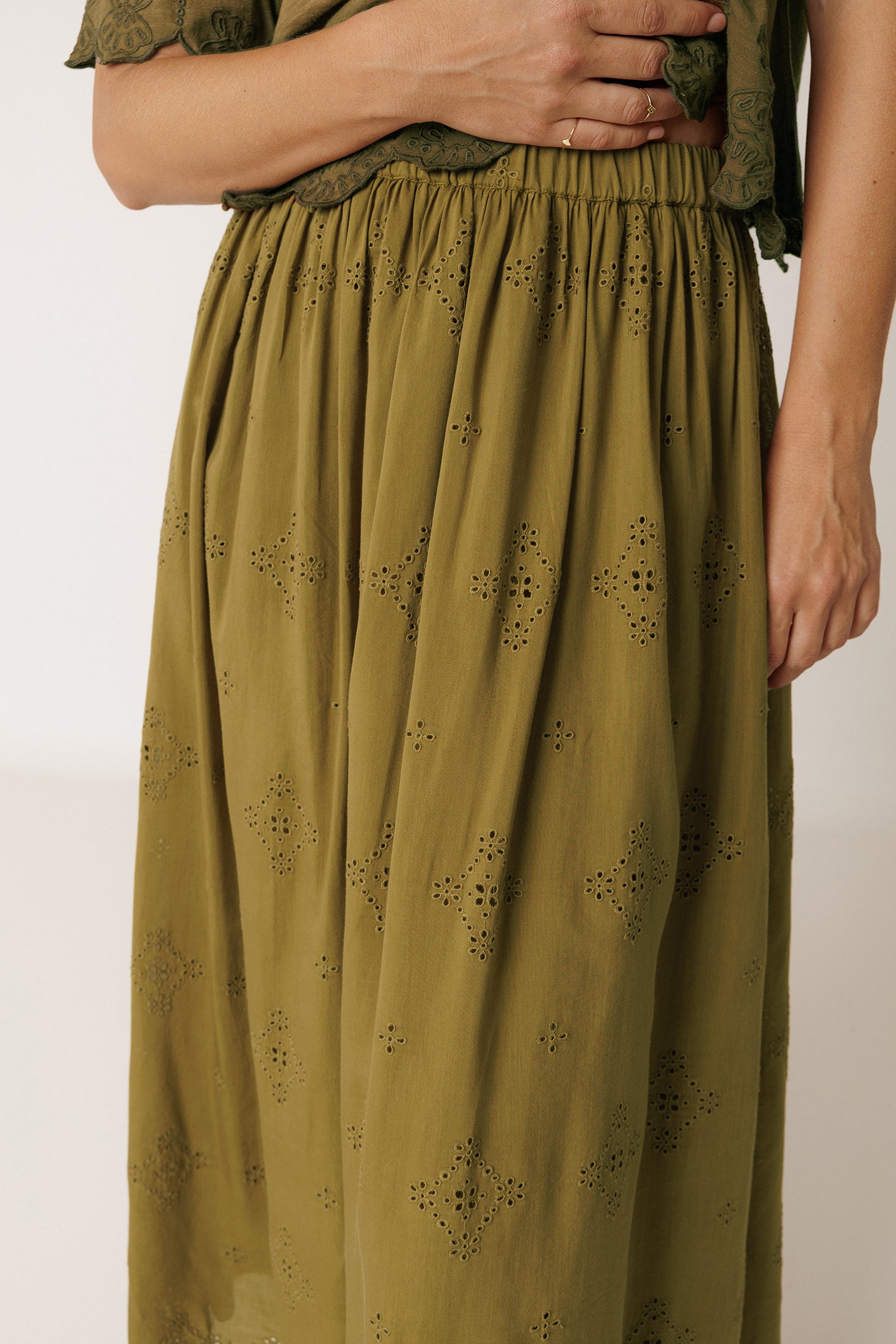 Embroidered Midi Skirt - Khaki