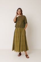 Embroidered Midi Skirt - Khaki