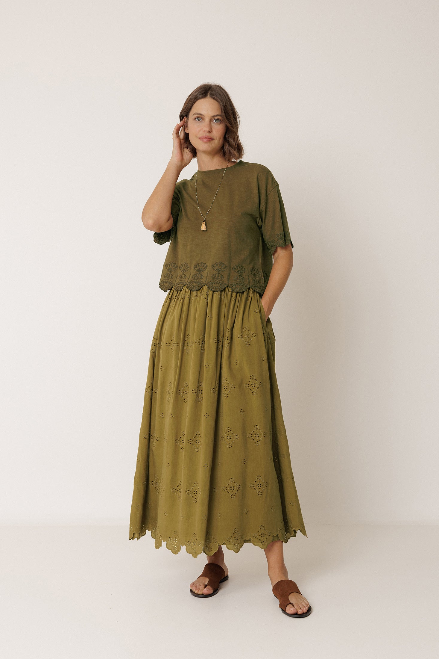 Embroidered Midi Skirt - Khaki