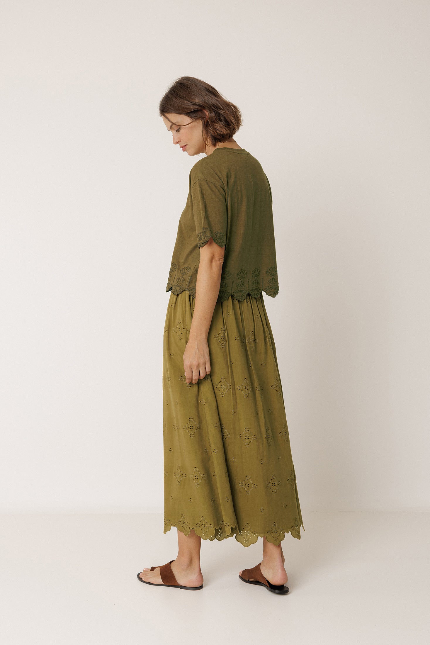 Embroidered Midi Skirt - Khaki