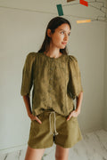 Camisa de Corte Recto con Bordado Schiffli - Caqui