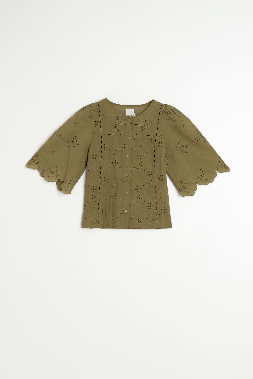 Camisa de Corte Recto con Bordado Schiffli - Caqui
