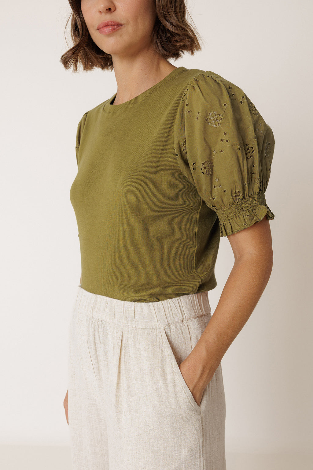 Balloon Sleeve T-Shirt - Khaki