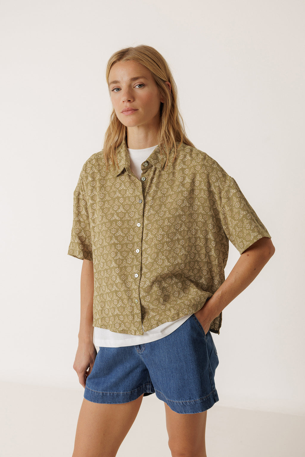 Oversize Block Print Shirt - Khaki