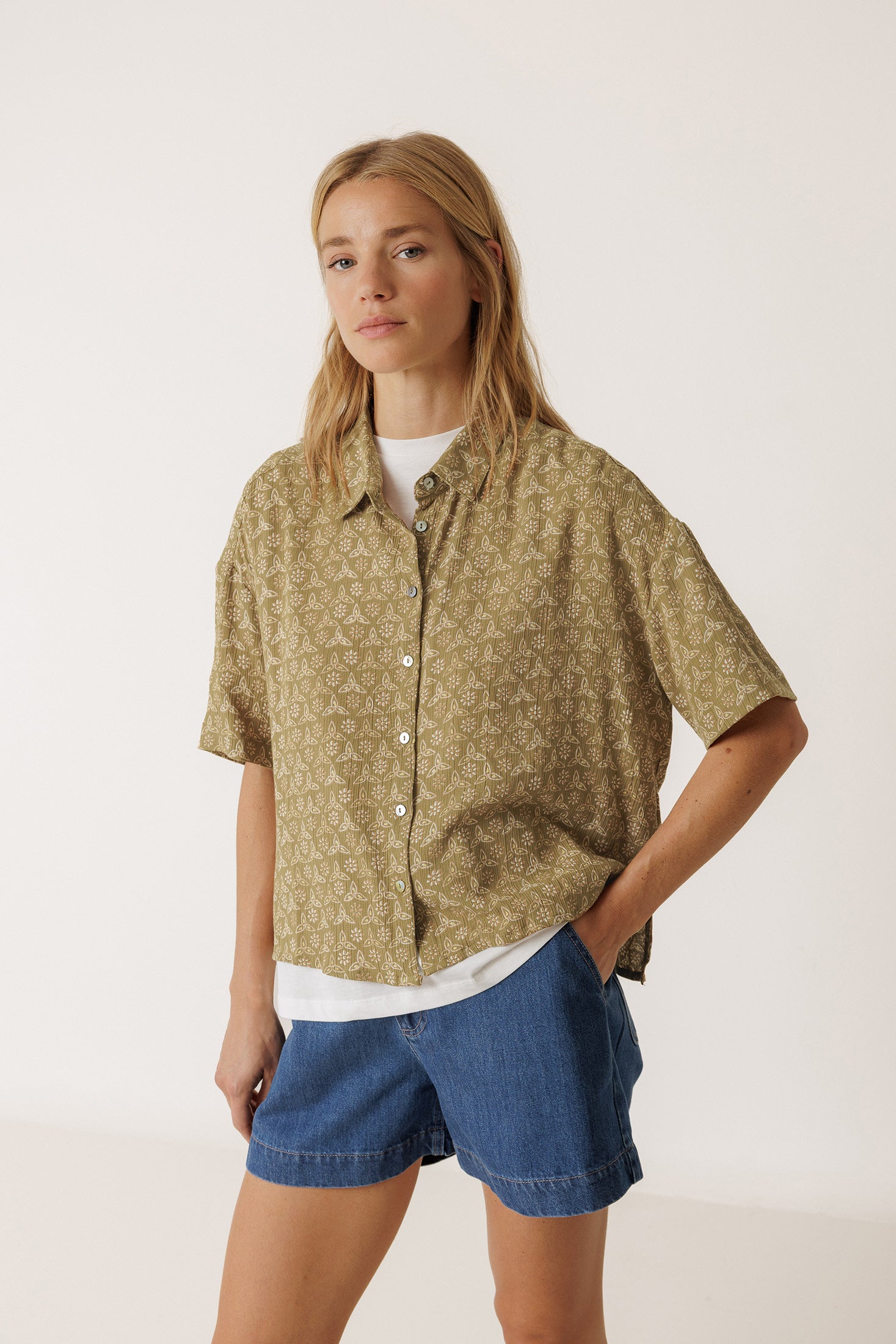 Oversize Block Print Shirt - Khaki