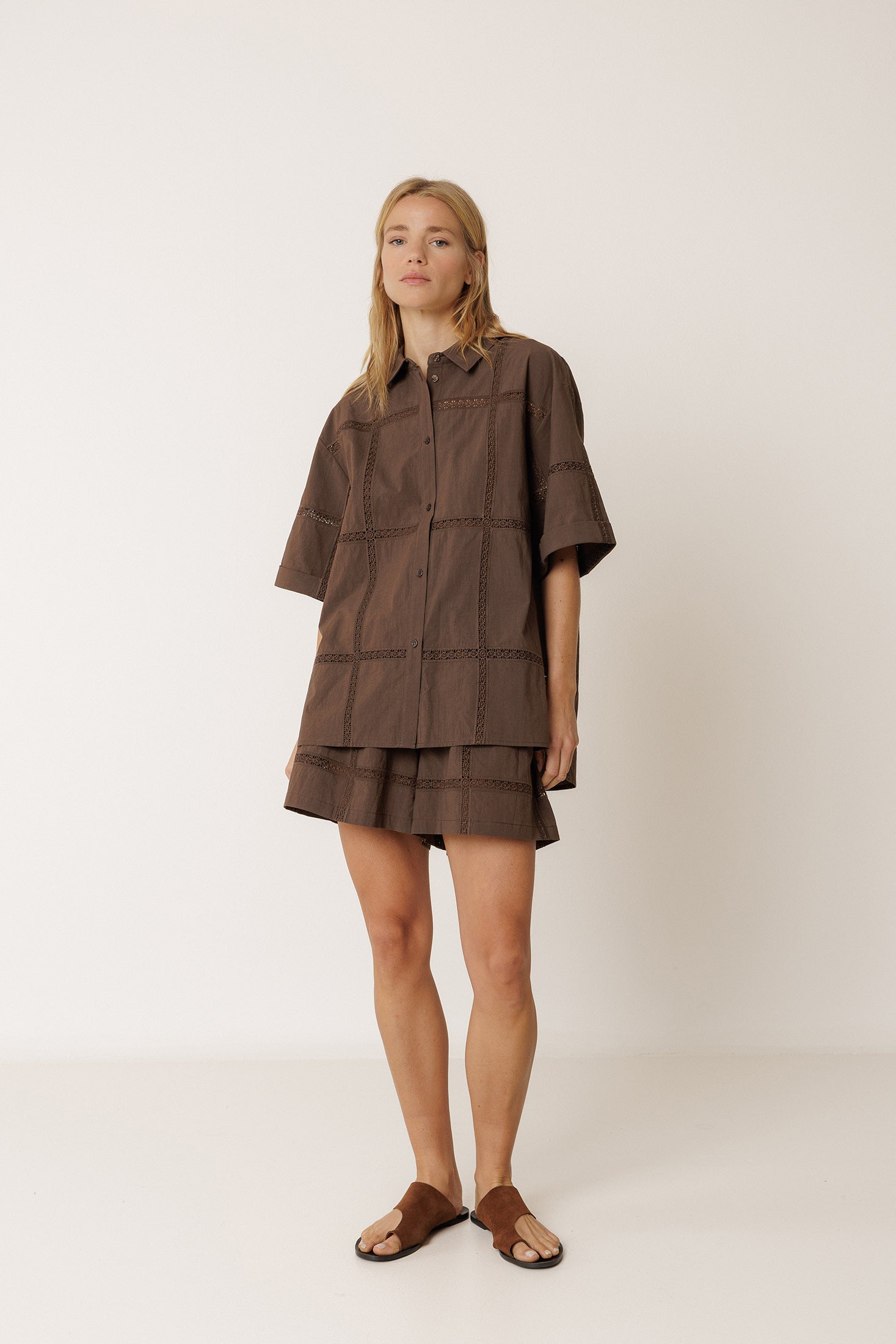 Poplin and Lace Shirt - Chocolate