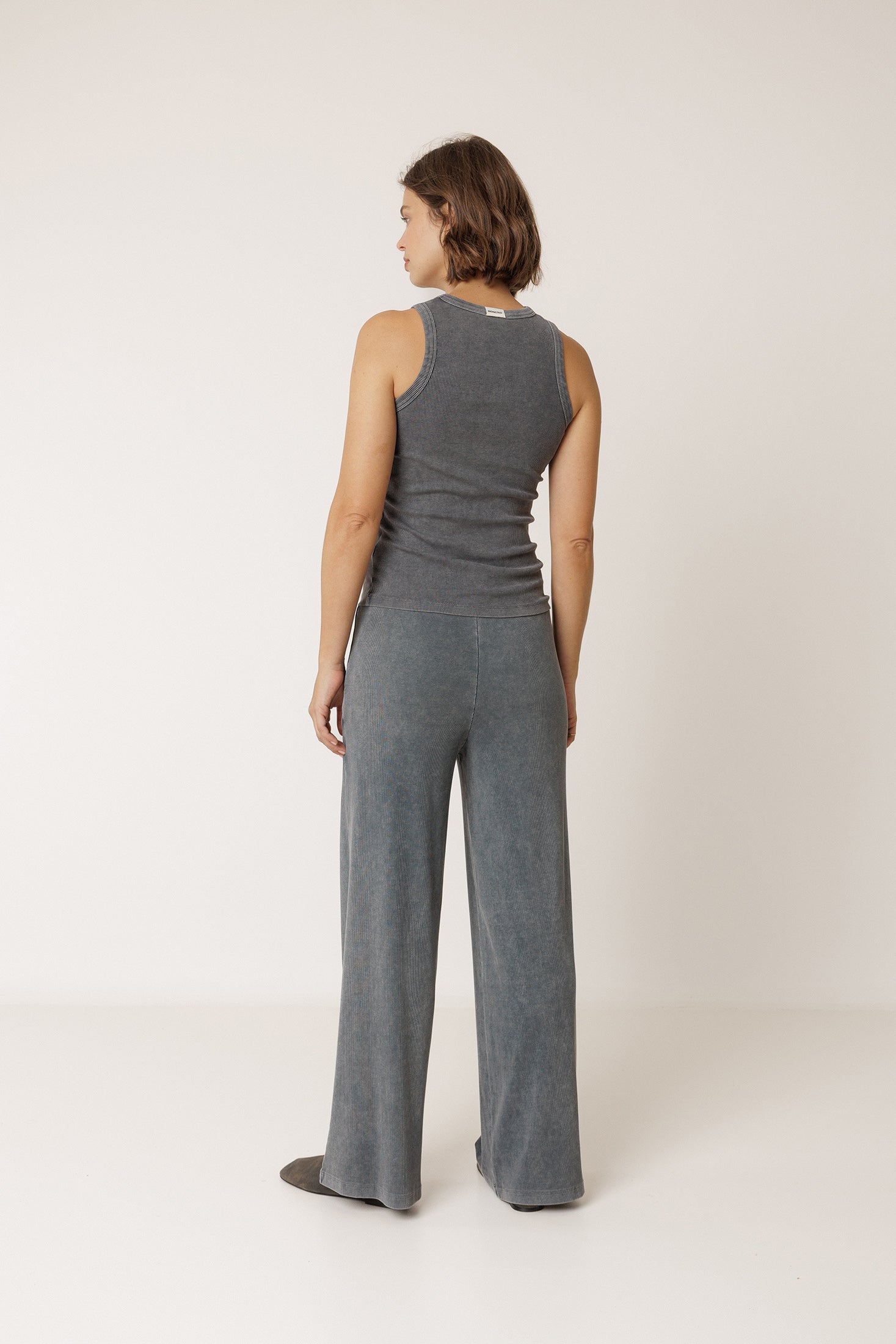 Wide-Leg Ribbed Trousers - Charcoal