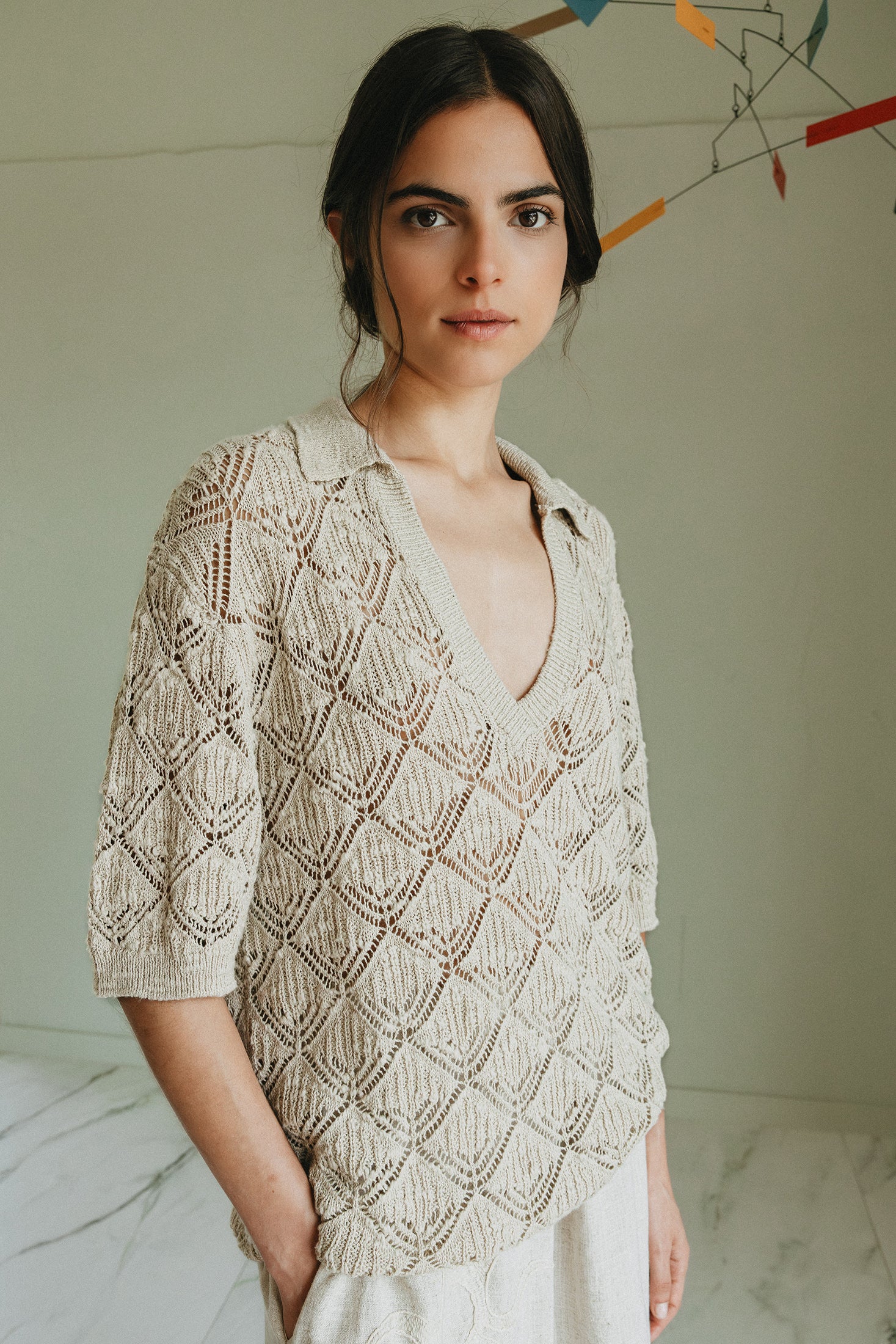 Polo En Maille Ajourée - Beige