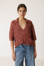 Openwork Knit Polo - Litchi