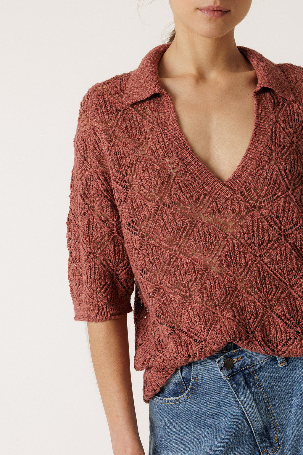 Openwork Knit Polo - Litchi
