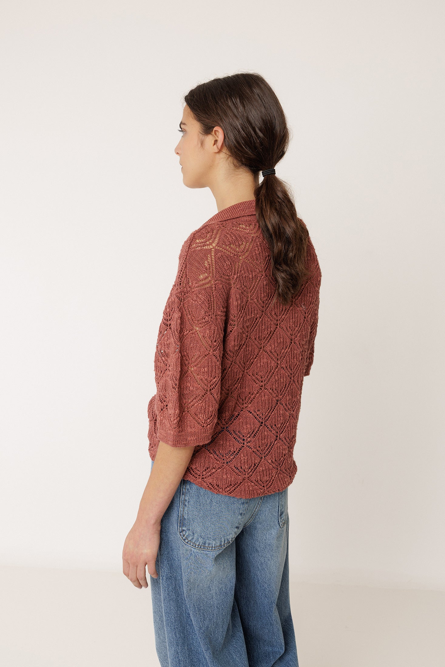 Openwork Knit Polo - Litchi