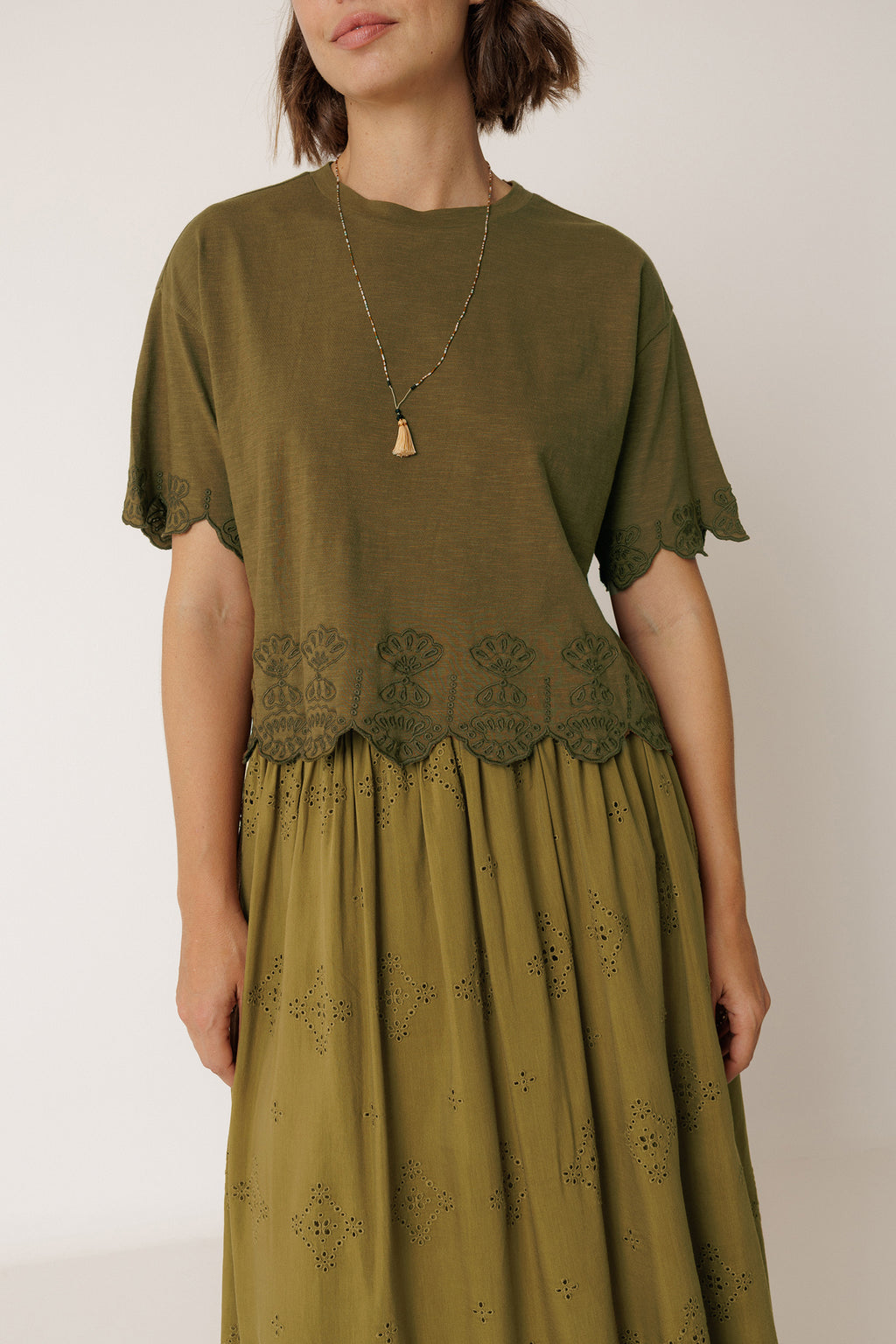 Embroidered Square-Cut T-Shirt - Khaki