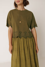 Embroidered Square-Cut T-Shirt - Khaki