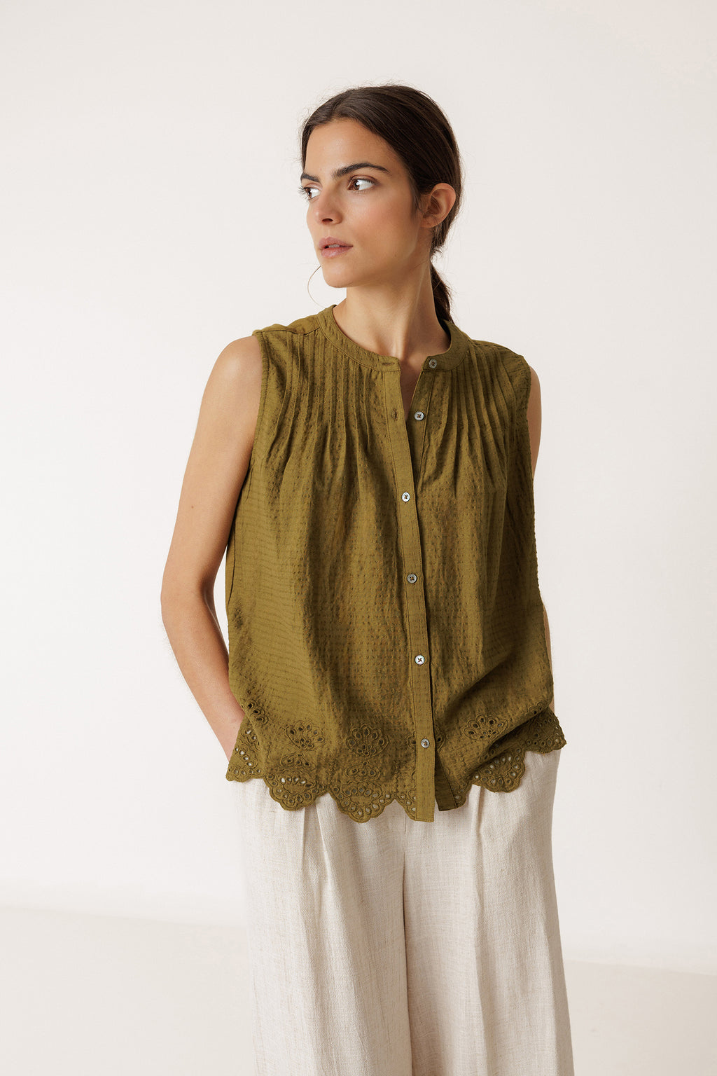 Combined Embroidered T-Shirt - Khaki