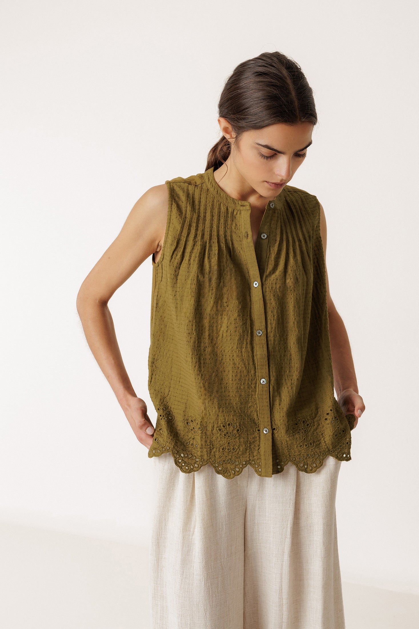 Combined Embroidered T-Shirt - Khaki