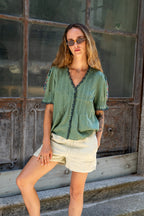 Cross-Stitch Embroidered Shirt - Emerald