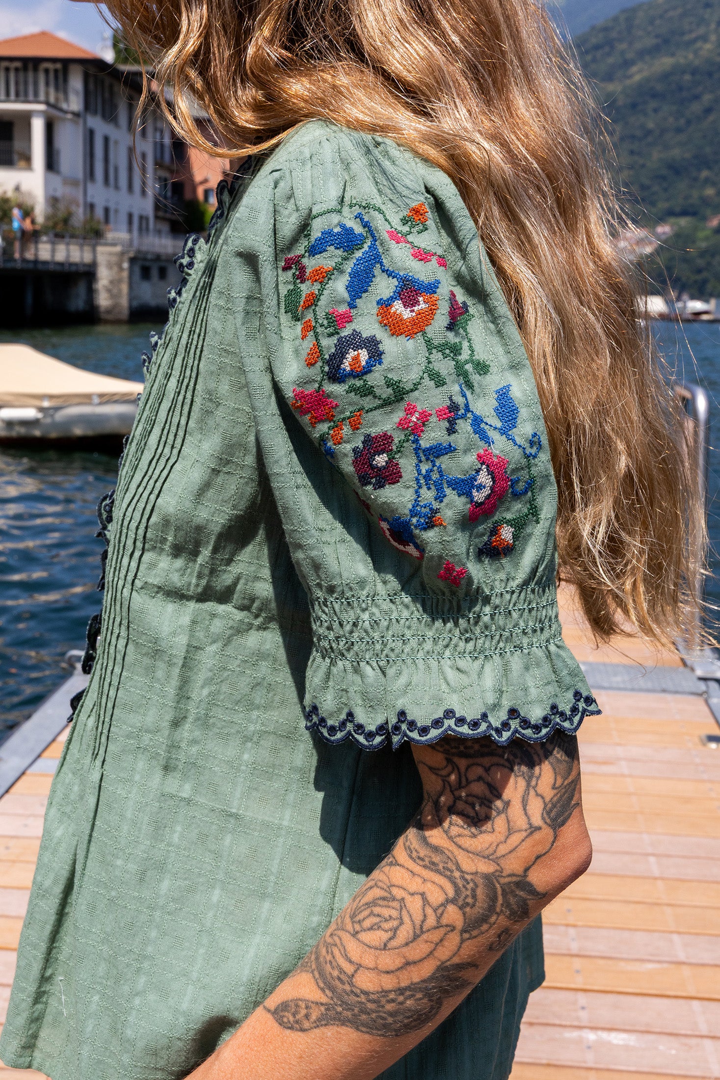 Cross-Stitch Embroidered Shirt - Emerald
