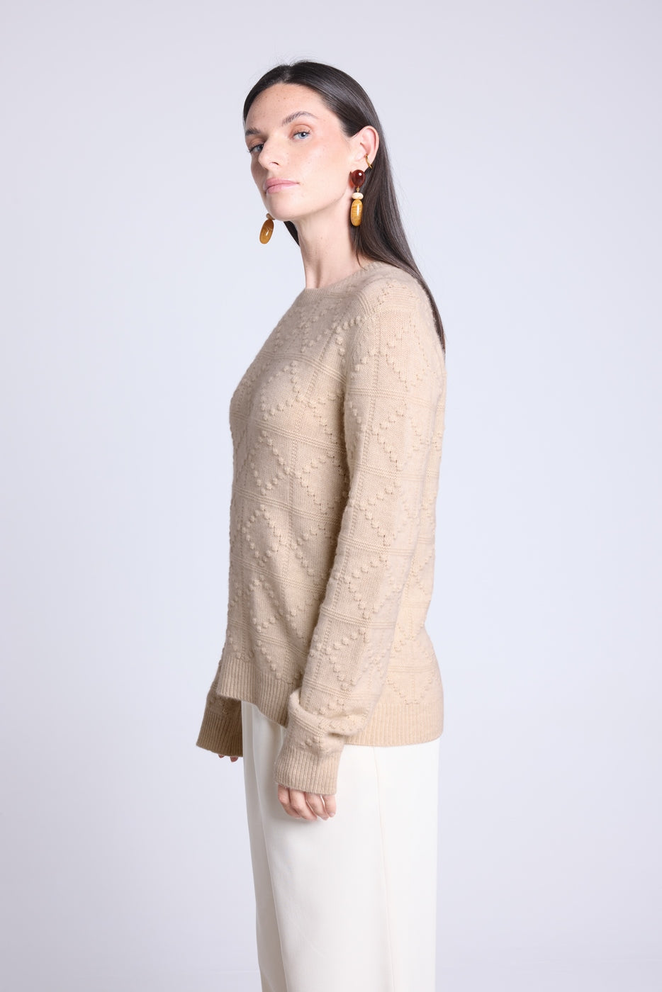 Jersey de Cuello Redondo Bubble de Cachemira Waldorf - Beige Crema - Mujer
