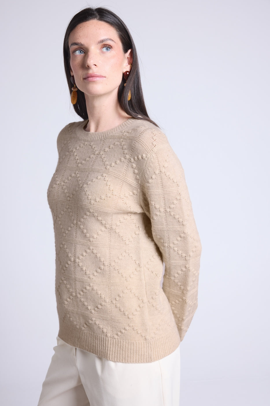 Jersey de Cuello Redondo Bubble de Cachemira Waldorf - Beige Crema - Mujer