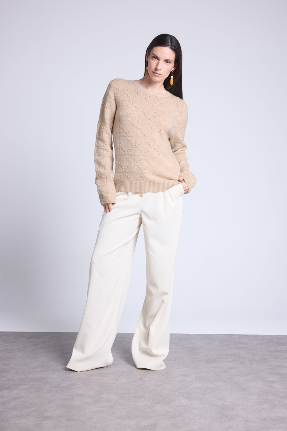 Jersey de Cuello Redondo Bubble de Cachemira Waldorf - Beige Crema - Mujer