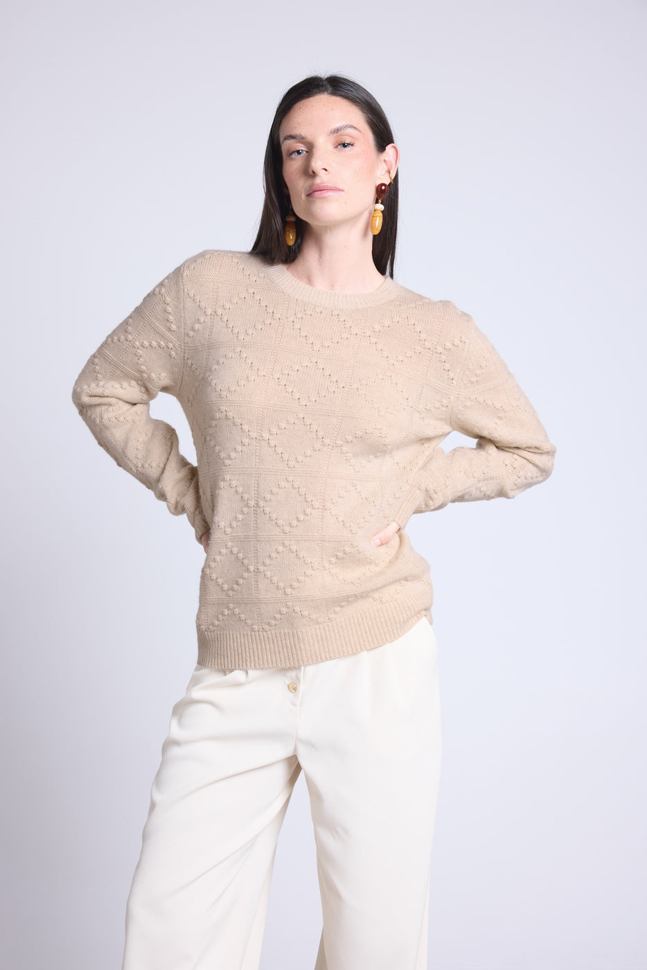 Jersey de Cuello Redondo Bubble de Cachemira Waldorf - Beige Crema - Mujer