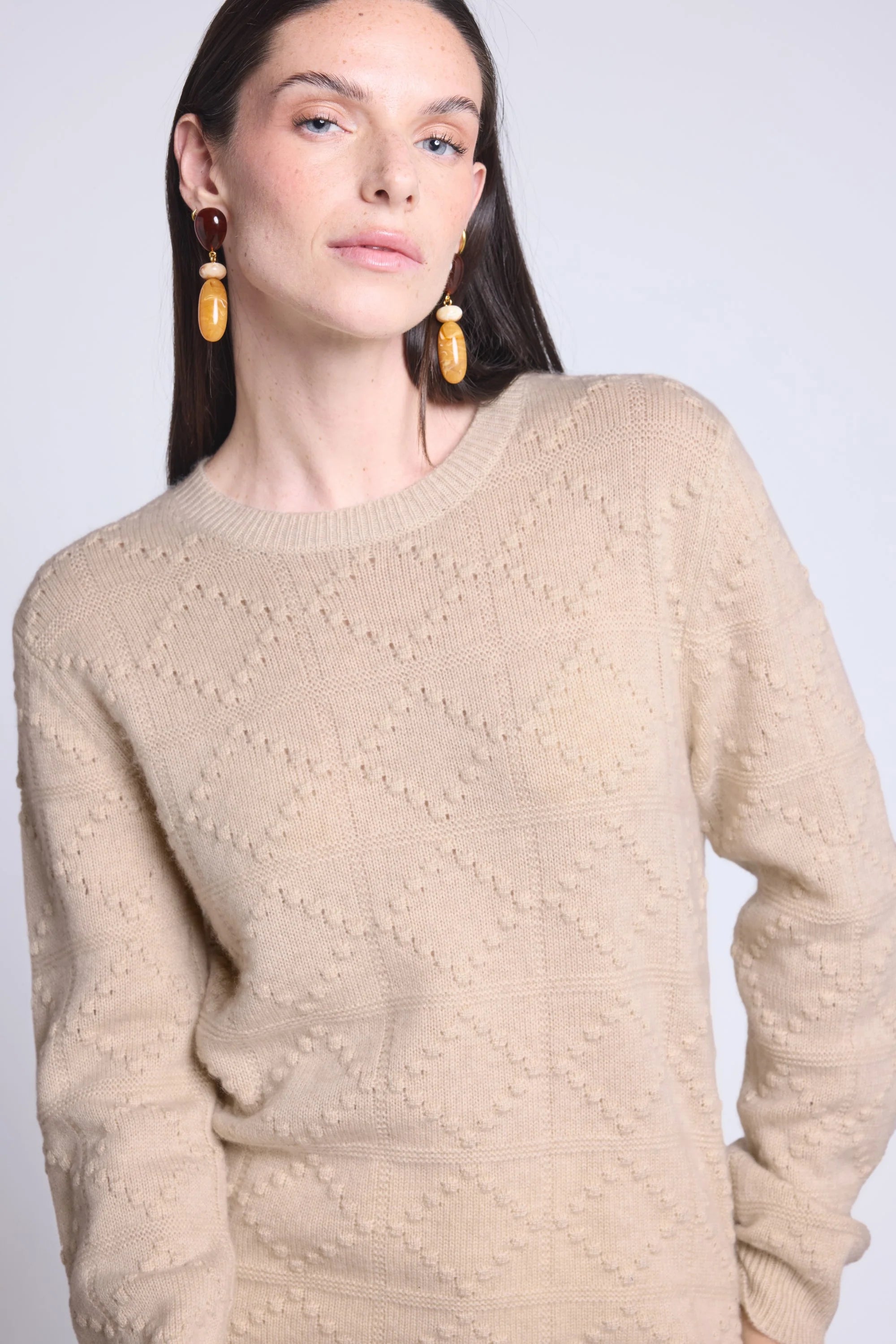 Jersey de Cuello Redondo Bubble de Cachemira Waldorf - Beige Crema - Mujer