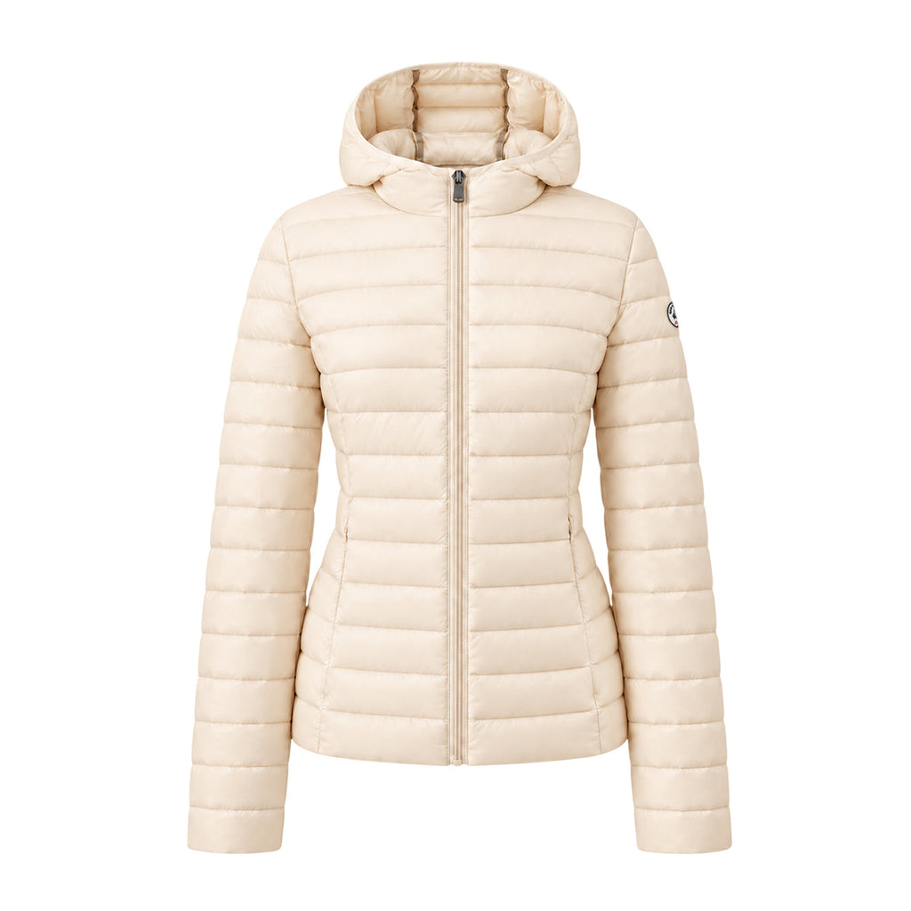 Jott – Piumino con cappuccio donna Jott CLOE, piumino beige con cappuccio, vista frontale, su sfondo bianco