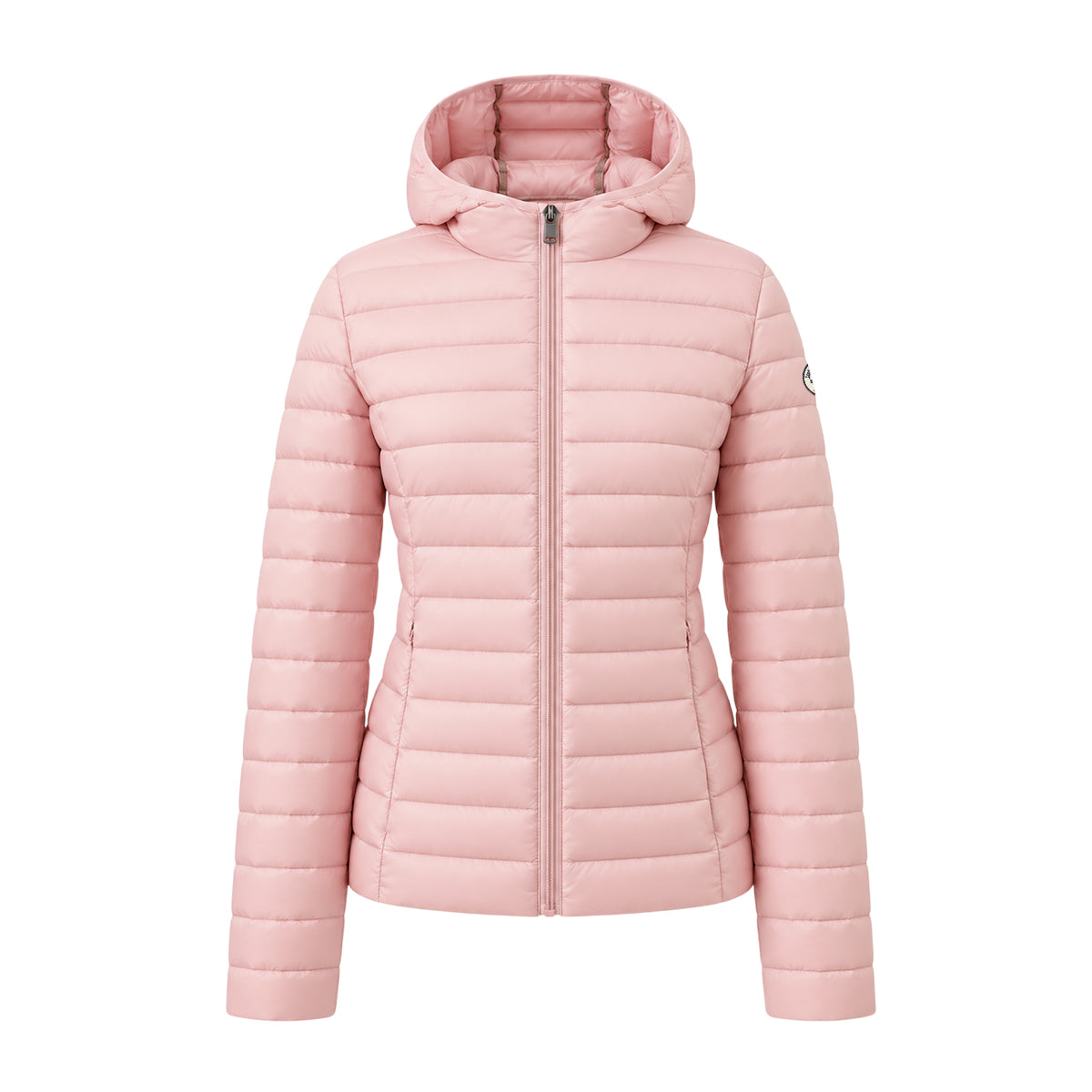 Jott – Jott CLOE Women's hooded down jacket, pale pink hooded down jacket, front view on white background