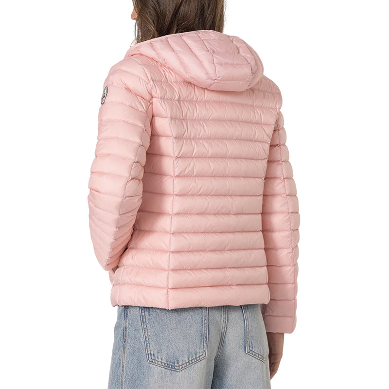 Jott – Women's Jott CLOE Hooded Down Jacket, pale pink down jacket worn from behind by a woman in jeans