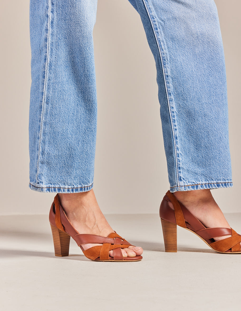 Clémentine H Heeled Sandals - Cognac Leather and Suede - Women