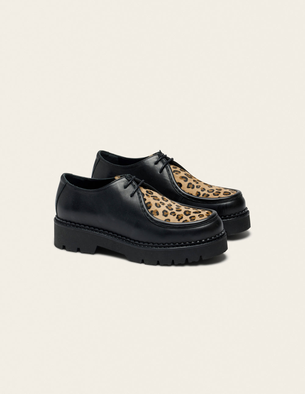 Deborah Derbies - Black Leather and Leopard Pony