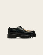 Deborah Derbies - Black Leather and Leopard Pony
