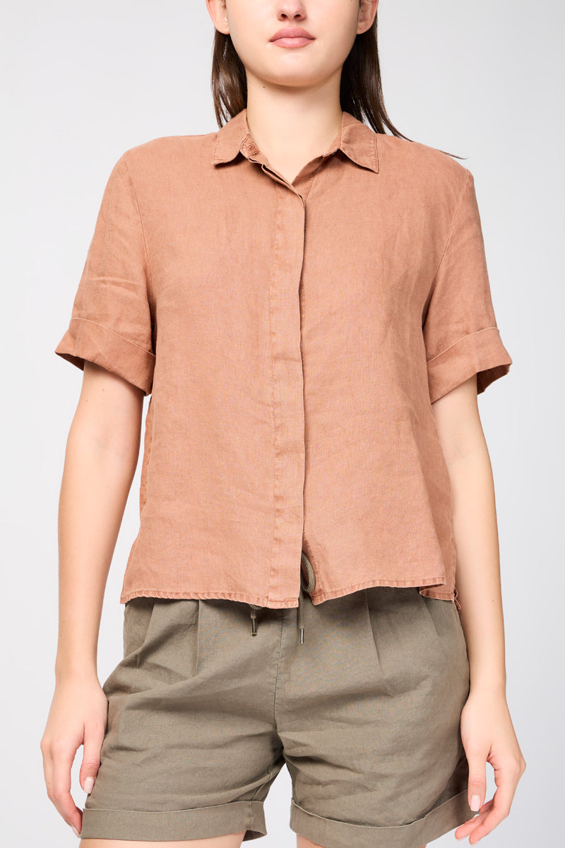 Short Sleeve Linen Shirt - Nutmeg Pigment - Women