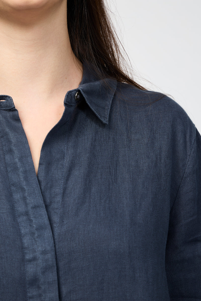 Robe Chemise Légère En Lin - Bleu Pétrole - Femme