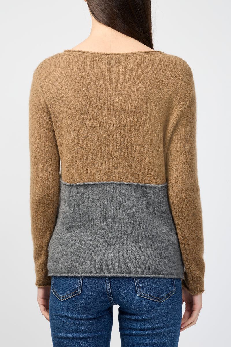 Pull Col Bateau Bicolore En Cachemire - Noyer/Tonnerre - Femme