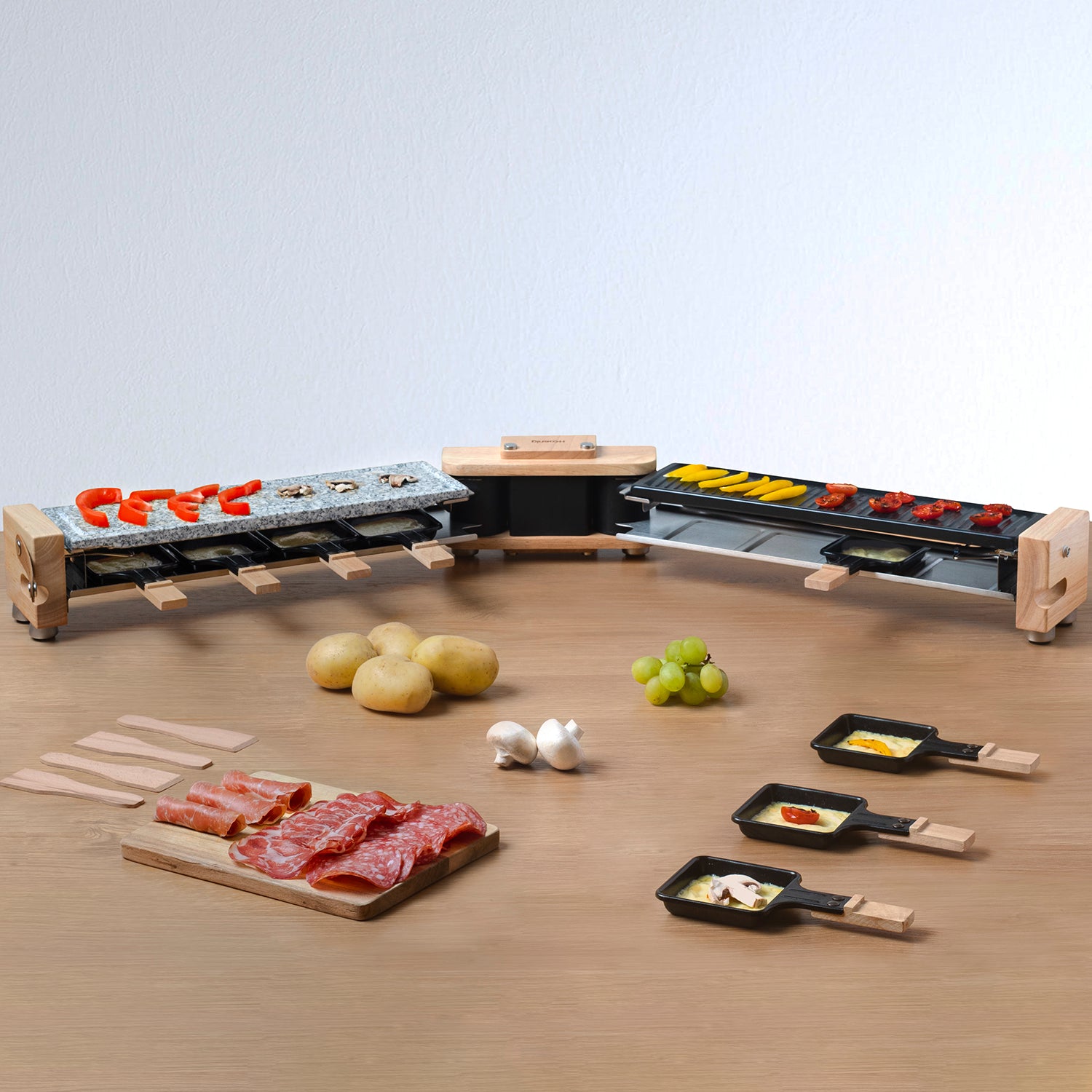 Raclette + Pierre À Cuire & Grill - Socle 180° - 8 Personnes - Design Bois