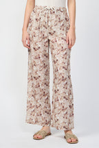 Pantalón Ancho De Lino Y Hojas De Palmera - Nuez Moscada - Mujer
