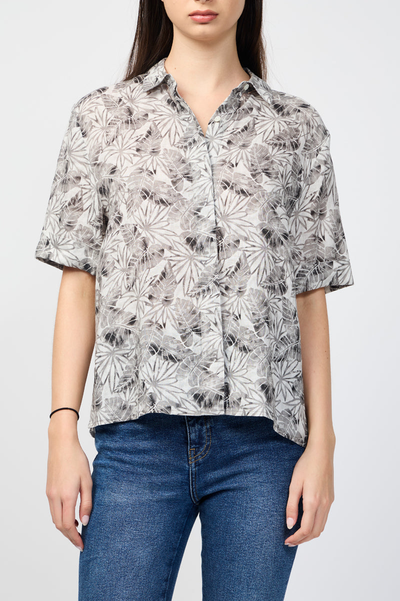 Chemise En Lin À Manches Courtes Et Imprimé Feuilles De Palmier - Carbone - Femme