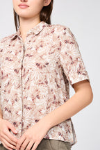 Chemise En Lin À Manches Courtes Et Imprimé Feuilles De Palmier - Muscade - Femme