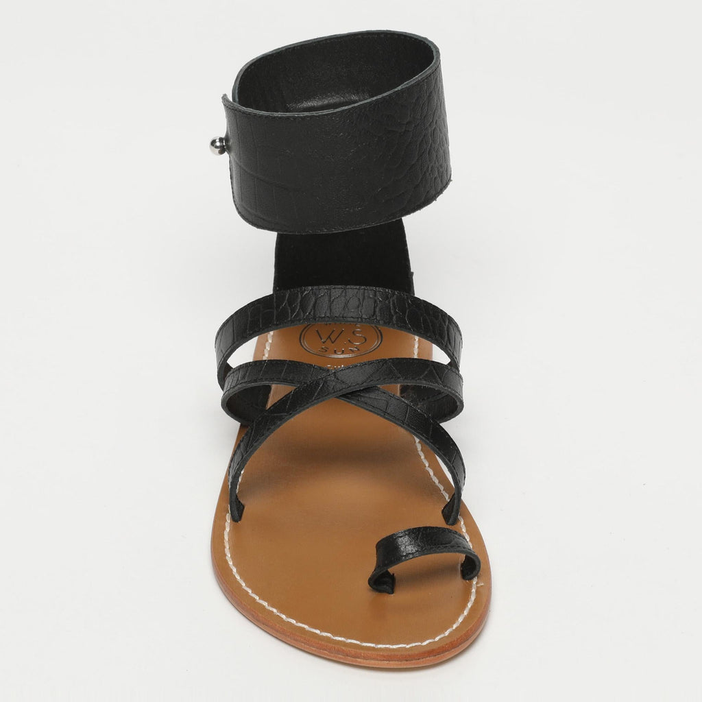 White Sun - Darika Sandals - Black Croco Print Goat - Black Croco