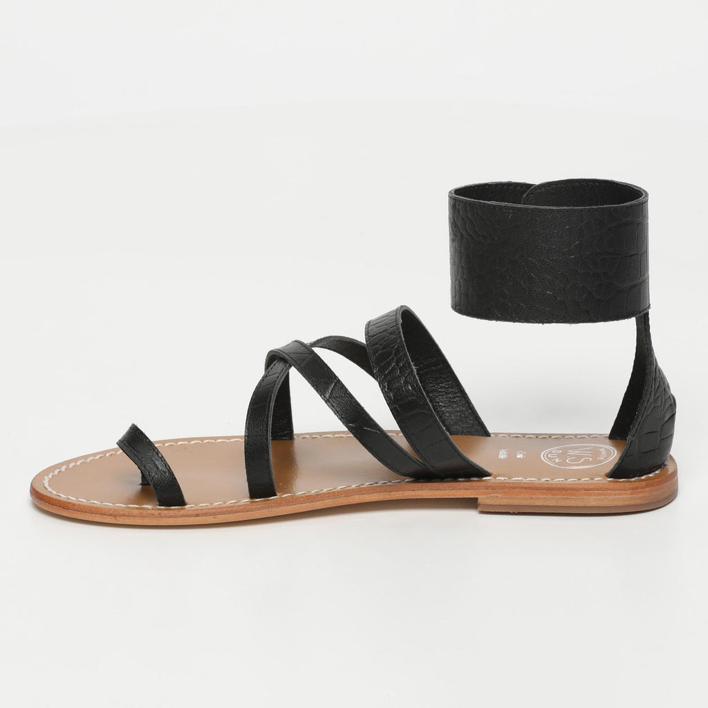 White Sun - Darika Sandals - Black Croco Print Goat - Black Croco