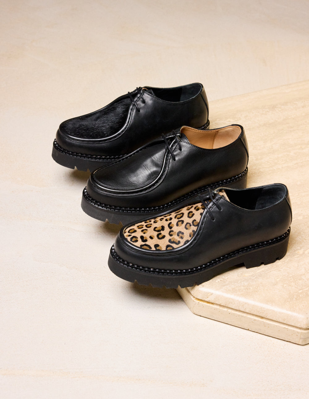 Deborah Derbies - Black Leather and Leopard Pony