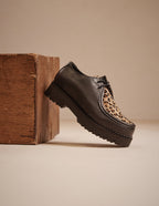 Deborah Derbies - Black Leather and Leopard Pony