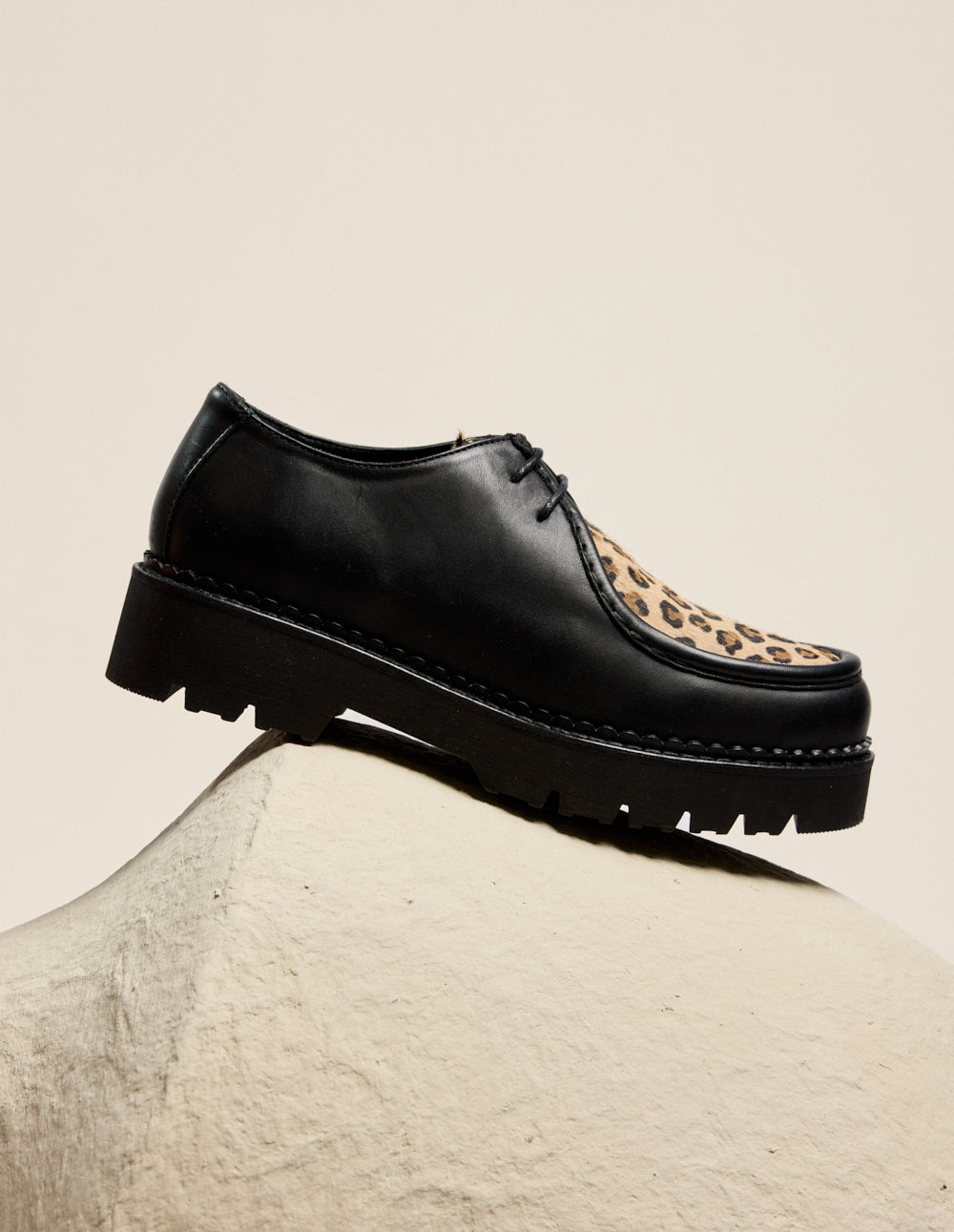 Deborah Derbies - Black Leather and Leopard Pony