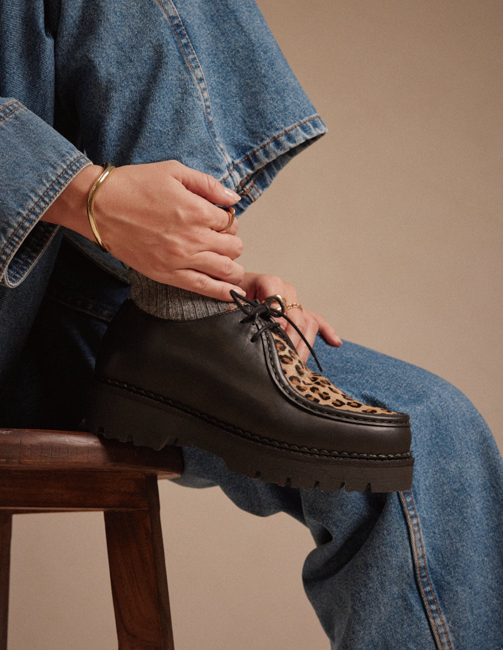 Deborah Derbies - Black Leather and Leopard Pony