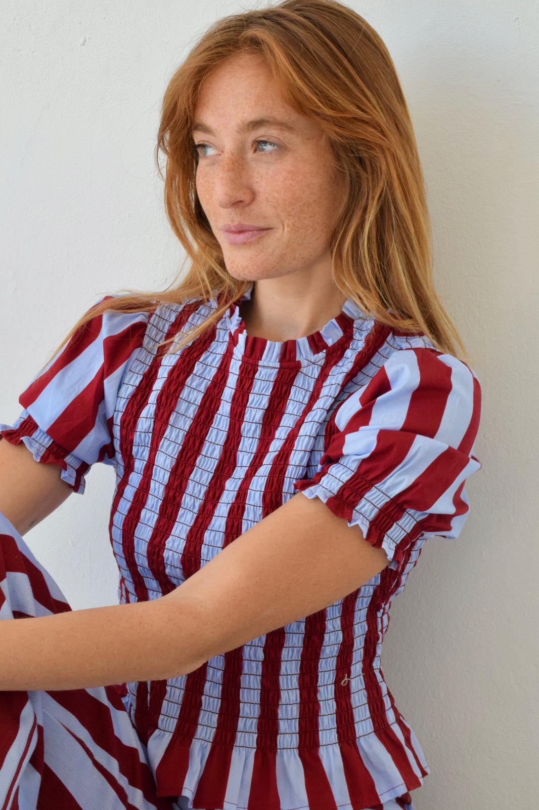 Blusa Chía Rayas Manga Corta Burdeos Y Celeste