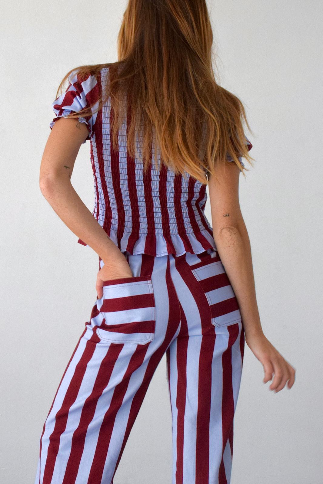 Blusa Chía Rayas Manga Corta Burdeos Y Celeste