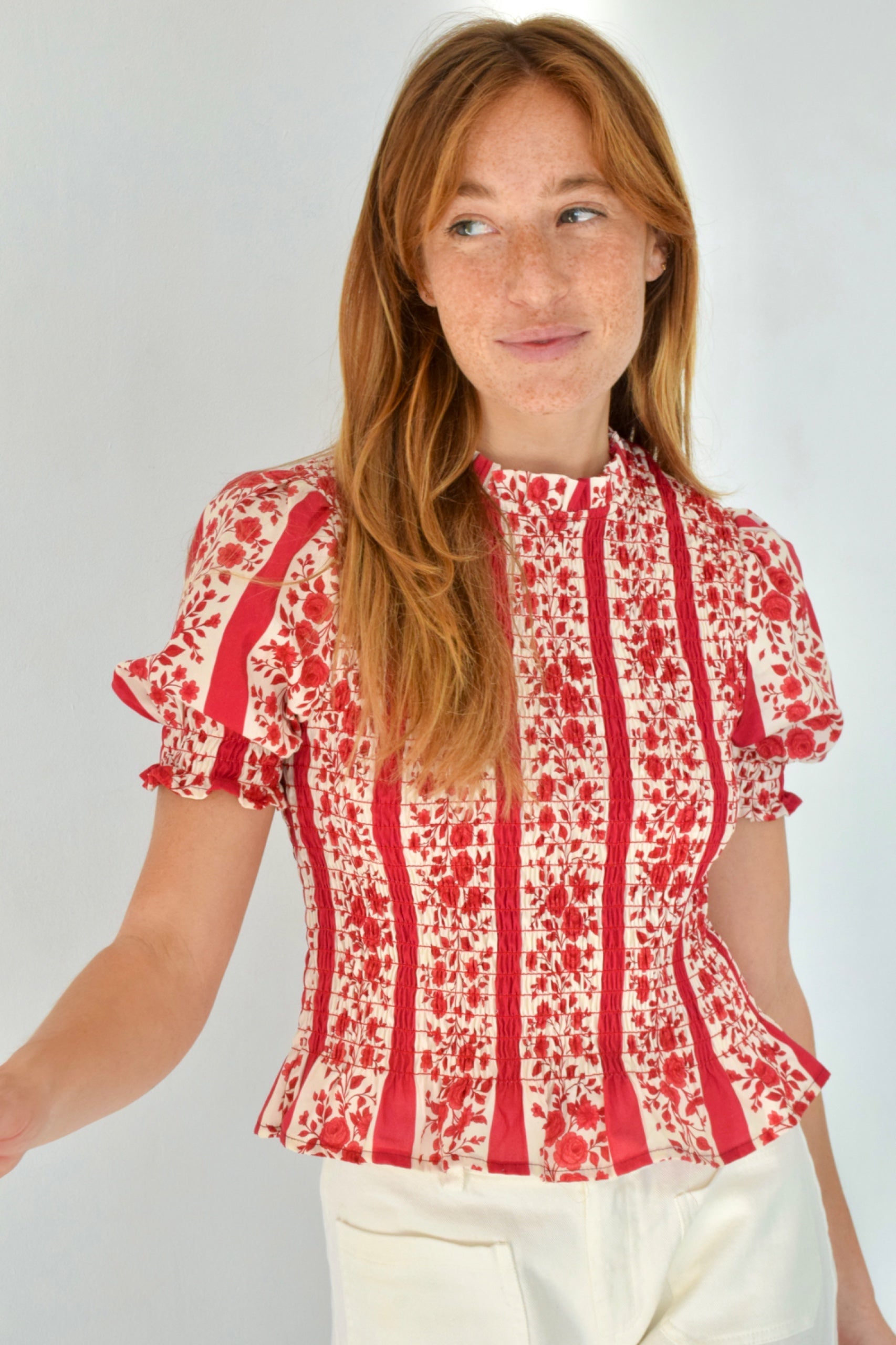 Chía Blusa Flores Manga Corta Rojo