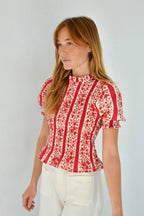 Chía Blusa Flores Manga Corta Rojo